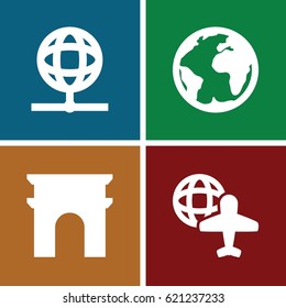 Europe icons set. set of 4 europe filled icons such as Arc de Triomphe, globe and plane, globe