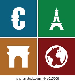 Europe icons set. set of 4 europe filled icons such as arc de triomphe, eiffel tower, planet