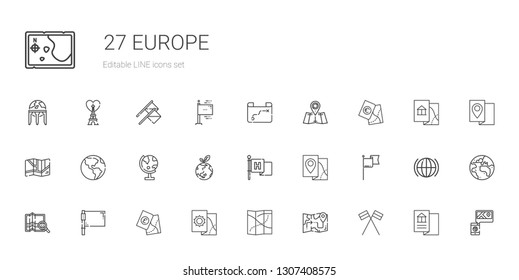 europe icons set. Collection of europe with flags, map, flag, planet earth, globe, earth globe, global, tower. Editable and scalable europe icons.