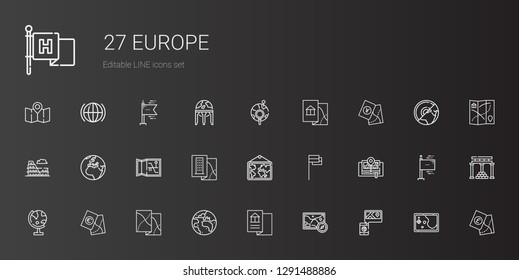 europe icons set. Collection of europe with map, planet earth, globe, flag, earth, colosseum, global, temple of apollo, flags, earth globe. Editable and scalable europe icons.