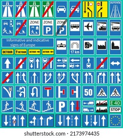 Europe information sign set. Isolated signs on a blue background.
