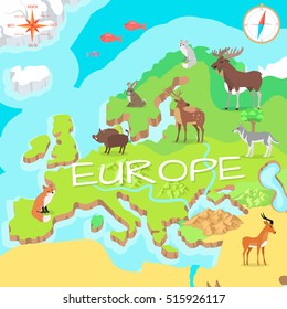 Europe isometric map with flora and fauna. Cartography concept with nature. Geographical map with local fauna. Europe part of continent with mammals and sea life. Vector illustration for kids