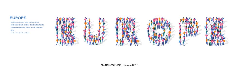 Europe Isometric Vector Concept, Group of business people are gathered together in the shape of Europe word, for web page, banner, presentation, social media, Crowd of little people.