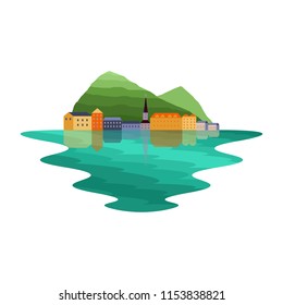Europe Lakeside Village and Mountain Landscape Vector