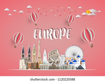 Europe Landmark Global Travel And Journey paper background. Vector Design Template.used for your advertisement, book, banner, template, travel business or presentation.