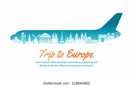 europe landmark inside with plane shape,concept art  silhouette style,vector illustration,green blue gradient,vector illustration