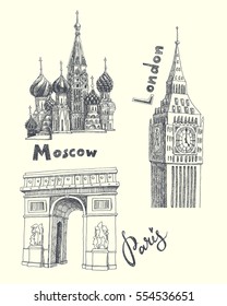 Europe landmark set. Vector travel illustration. Architectural monuments of Russia, England and France.  St Basil's Church, Big Ben Tower and Triumphal Arch