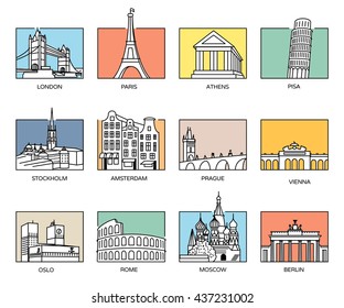 Europe Landmarks And Favorite Travel Destinations In Line Icons Style And Flat Colour Rectangle Backgrounds.