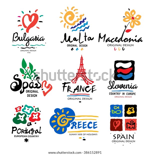ヨーロッパのロゴ ヨーロッパのロゴ スペイン フランス ギリシャ マケドニア ブルガリア スロベニア 手描きのヨーロッパの国のロゴ 旅行会社のロゴ 旅行 ヨーロッパの祝日 アイコン シンボル のベクター画像素材 ロイヤリティフリー