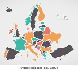 Europe Mainland Map with states and modern round shapes