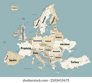 Europe map with administrative divisions borders. Soft beige color palette. Vector illustration