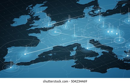 Europe map big data visualization. Futuristic map infographic. Information aesthetics. Visual data complexity. Complex europe data graphic visualization. Abstract data on map graph.
