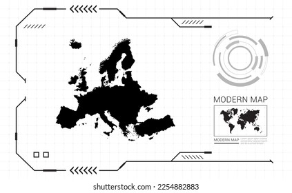 Europe map of black digital frame HUD, GUI, UI interface technology radar vector.