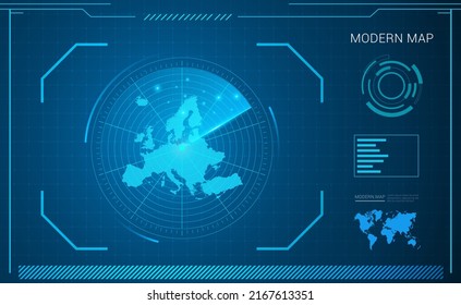 Europe map of blue digital frame technology radar vector HUD, GUI, UI interface.