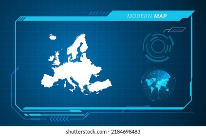 Europe map of blue digital frame HUD, GUI, UI interface technology radar vector.