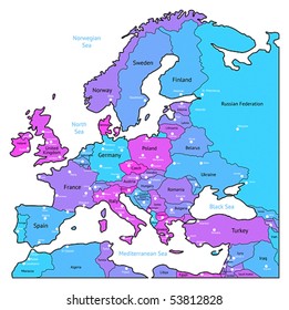 Europe map of blue, pink, violet colors. Names, town marks and national borders are in separate layers. Vector illustration.