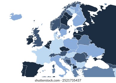 Europe map Blue tones illustration on a white background in flat style.