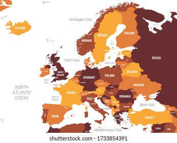 Europe map - brown orange hue colored on dark background. High detailed political map of european continent with country, ocean and sea names labeling.