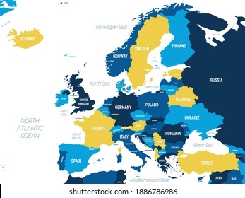 Europe map - brown orange hue colored on dark background. High detailed political map of european continent with country, ocean and sea names labeling.