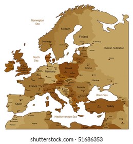 Europe map of brown sepia colors. Names, town marks and national borders are in separate layers. Vector illustration.