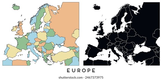 Europe map of city regions districts vector colored and black on white