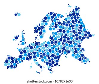 Europe Map collage of spheric dots in variable sizes and blue color tinges. Scattered circle elements are combined into Europe Map composition. Vector geographical blue map vector illustration.