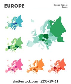 Europe map collection. Borders of Europe for your infographic. Colored continent regions. Vector illustration.