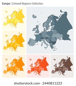 Europe. Map collection. Continent shape. Colored countries. Blue, Grey, Yellow, Amber, Orange, Deep Orange, Brown color palettes. Border of Europe with countries. Vector illustration.