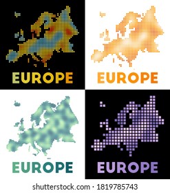 Europe map. Collection of map of Europe in dotted style. Borders of the continent filled with rectangles for your design. Vector illustration.