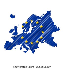 Europe map color hand drawn sketch. Vector concept illustration flag, scribble map. Country map for infographic, brochures and presentations isolated on white background. Vector illustration.