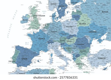 Europe Map Colored - Faded Pastel Blue Green Colors - stock vector illustration