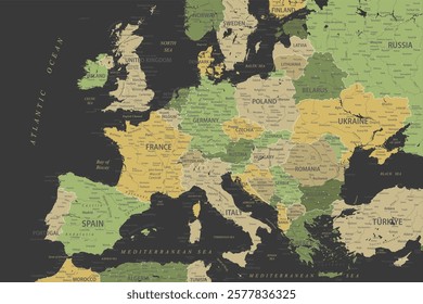 Europe Map Colored - Green Yellow Golden Black Colors - stock vector illustration