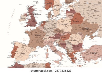 Europe Map Colored - Terracotta Brown Beige Colors - stock vector illustration