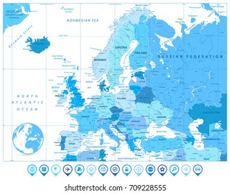 Europe Map in Colors of Blue and Map Markers. Detailed vector illustration of Europe Map.
