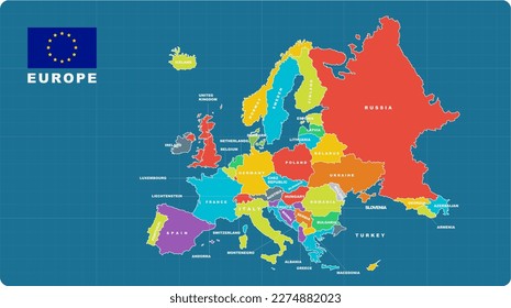 Mapa de EUROPA, EUROPA colorido resaltado en el mapa de EUROPA, ilustración de diseño plano vector