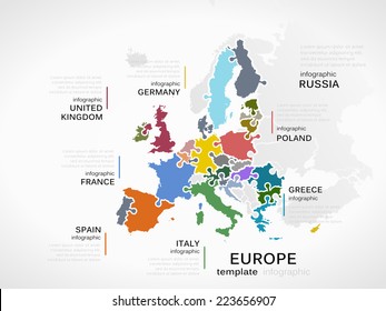 Europe map concept infographic template with countries made out of puzzle pieces