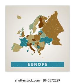 Europe map. Continent poster with regions. Old grunge texture. Shape of Europe with continent name. Artistic vector illustration.