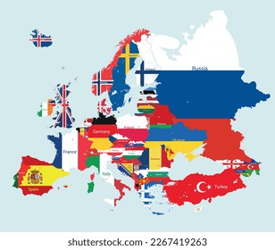 Europe map with countries flags incorporated inside countries contours. Flat style vector illustration. All elements separated in detachable and editable layers