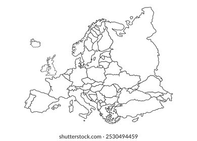 Europa mapa países.mapa del mundo esquema, ilustración de doodle lineal.boceto para colorear