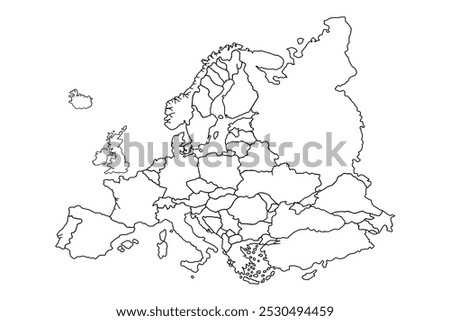 Europe map countries.world map outline, linear doodle illustration.sketch for coloring