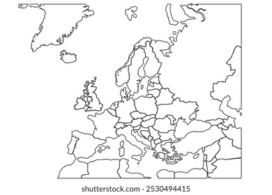 Europe map with country outline graphic vector.world map outline, linear doodle illustration.