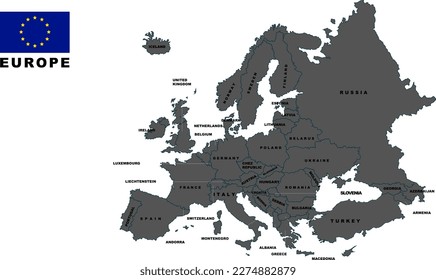 EUROPE Map, EUROPE dark grey highlighted in EUROPE map, flat design illustration vector