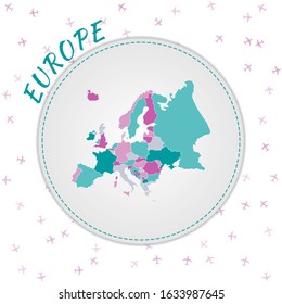 Europe map design. Map of the continent with regions in emerald-amethyst color palette. Rounded travel to Europe poster with continent name and airplanes background. Artistic vector illustration.