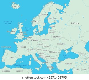 Europe map displaying countries, boundaries, and key landmarks across the continent