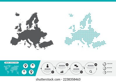Europe map of dots gray and green for presentation. Set couple pixel creative concept for infographic.