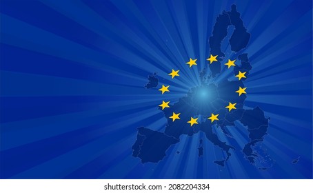 Europe map and European Union flag with sun rays effect. Friendship and cooperation concept. Copy space. Vector illustration. energy crisis