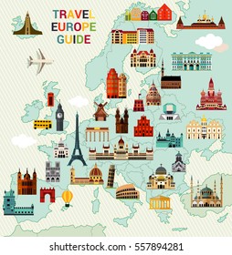 Europe Map With Famous Sightseeing. Travel Guide. Vector Illustration.