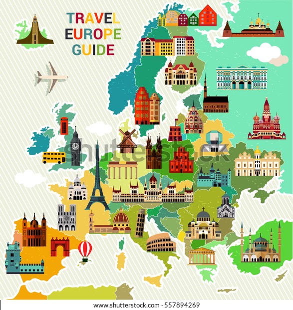 Europe Tour Guide Map Europe Map Famous Sightseeing Travel Guide Stock Vector (Royalty 