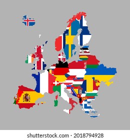 Europe map and flag icons. Geography borders of European countries. Vector illustration