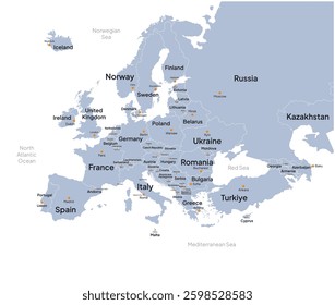 Europe map flat vector. Europe map with country names, capital city names, and border.
